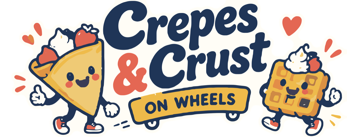 Crepes & Crust on Wheels logo: a smiling folded crepe and waffle walking beside the wordmark